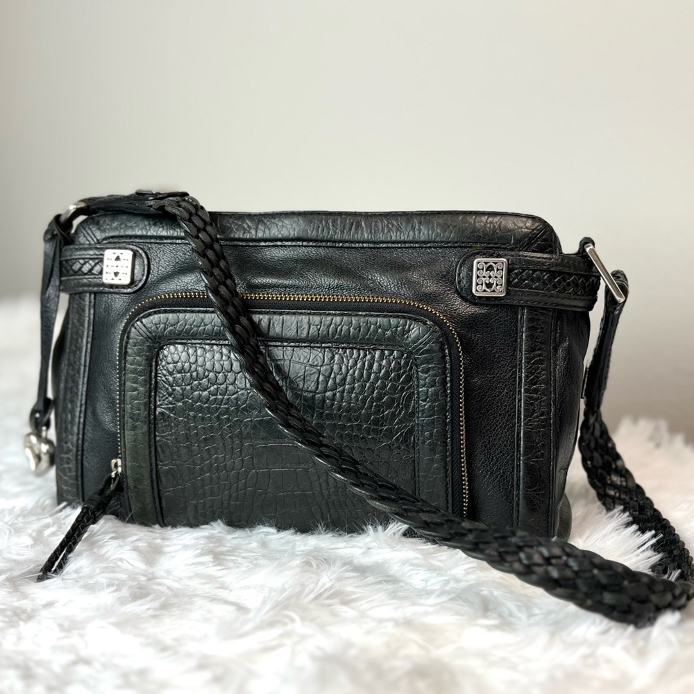 BRIGHTON Croc Embossed with Leather Trim Braid Bag, Black D880058